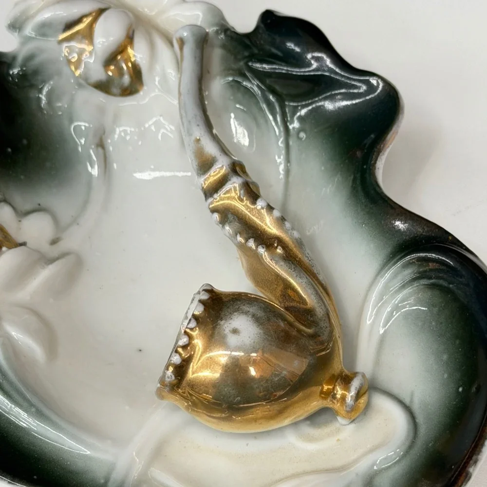 Vintage Porcelain Pipe Ashtray Trinket Dish Green Ombre Gold Gilt Figural 4.5